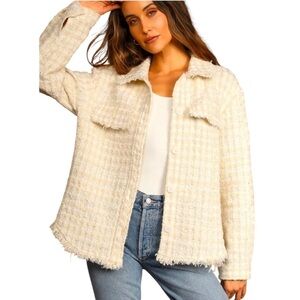 Lulu's‎ Take Notes Ivory Plaid Tweed Shacket Fringe Trim Boucle Size Medium